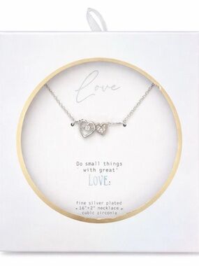 Silver Plated Double Heart Necklace CZ Charm 16”+2” Gift Box Love Pendant